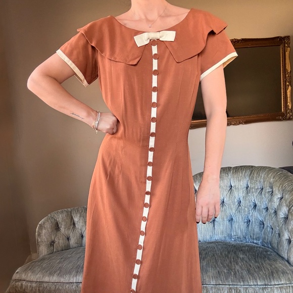 1940s brown linen a line midi dress decorative button front vintage medium - Picture 13 of 13